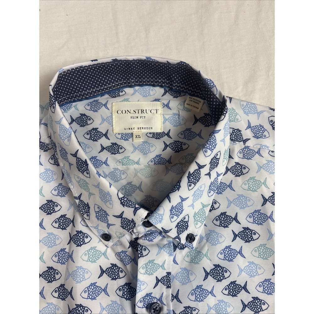 Construct Slim Fit 4 Way Stretch Mens XL NWT. White Fish Print Button Down SS - Picture 5 of 8